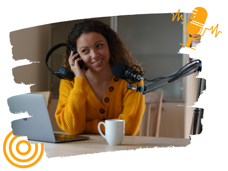 A girl listening to her earphones, while recording a podcast. With professional a professional mic.